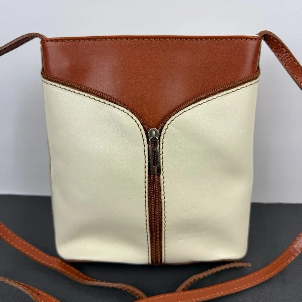 Vera Pelle Crossbody Bag Small Cognac Brown Ivory Leather Italian Made Used Once